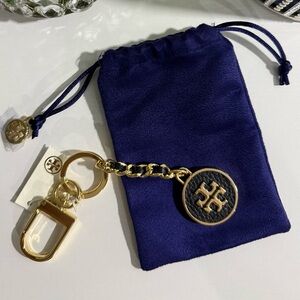 Tory Burch Gold-Tone Logo Keyring with Navy Pouch